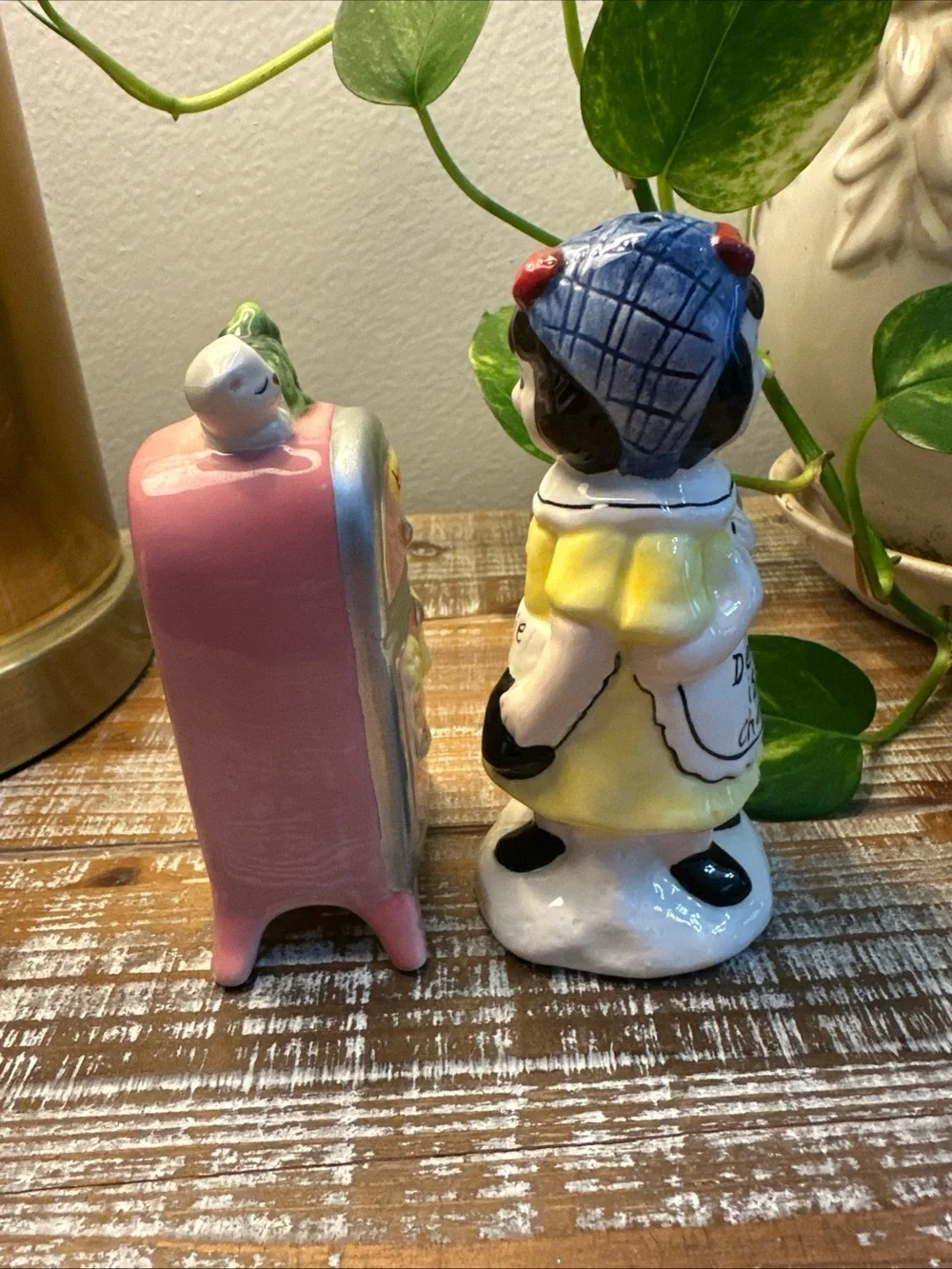 Vintage Dearie Cheery Weary Lady with Refrigerator Salt Pepper Shaker Set